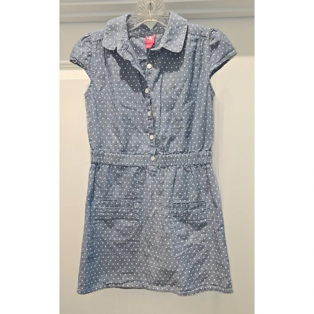 J. Khaki Girls Blue Polka Dot Denim Dress Size 12 Cotton Button Front Pockets